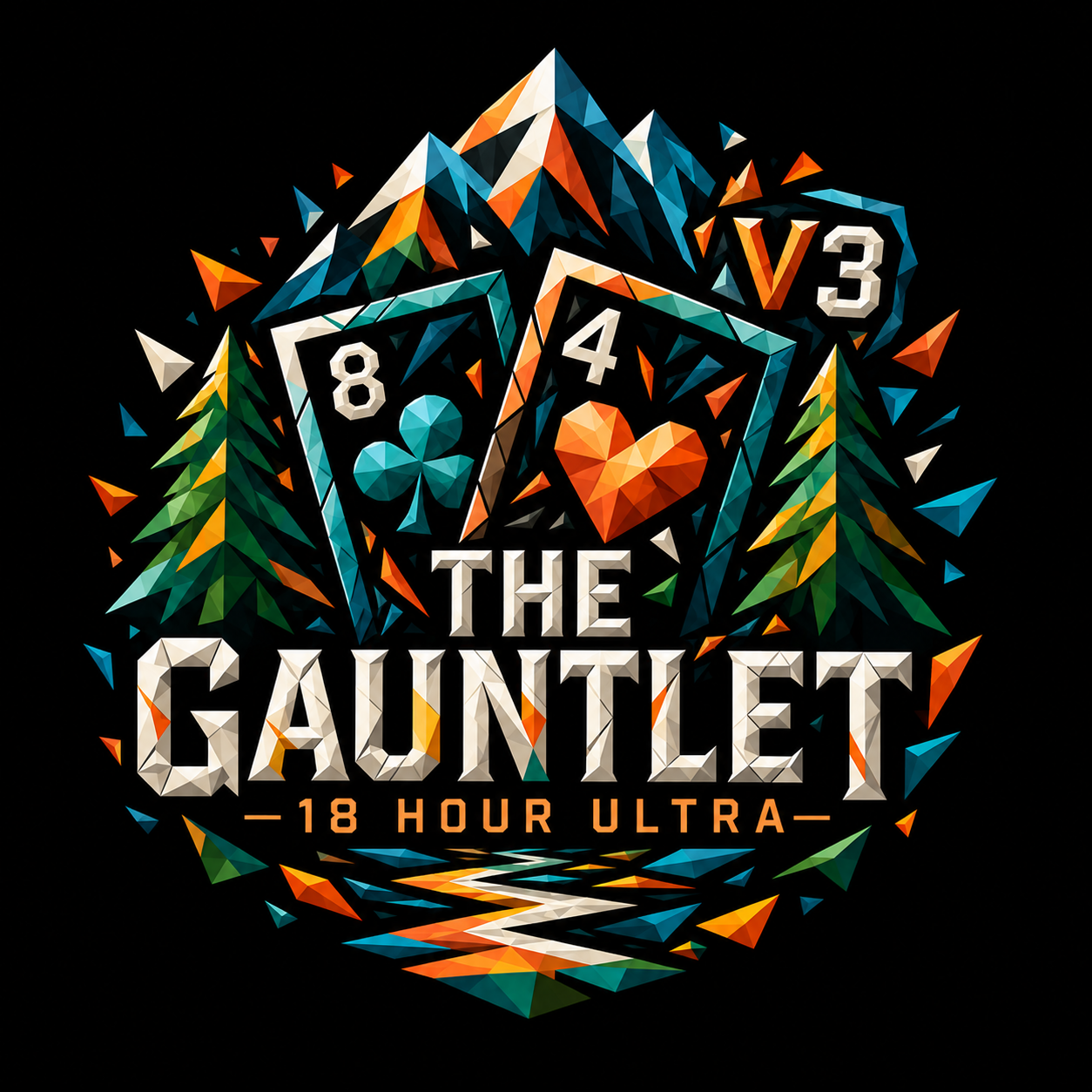 The Gauntlet 18 Hour Ultra logo: low-poly mountains, pine trees and two playing cards